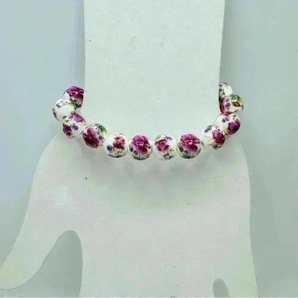 Chinese-Style Ceramic Floral Beaded Stretch Bracelet